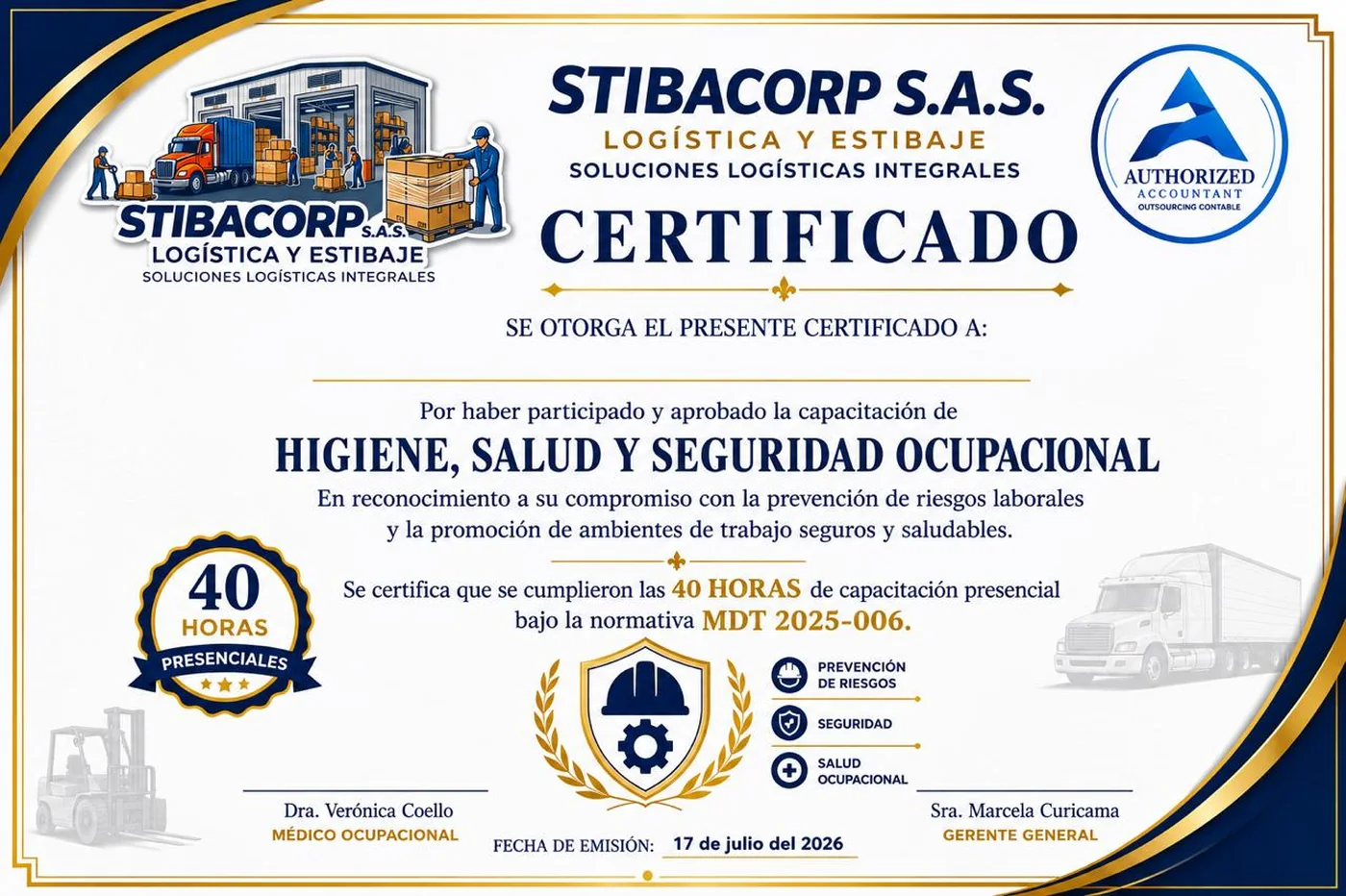 Certificado de capacitación en Higiene, Salud y Seguridad Ocupacional — Stibacorp S.A.S.